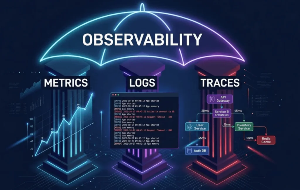 Observability stacks combining logs, metrics, and traces into unified dashboards